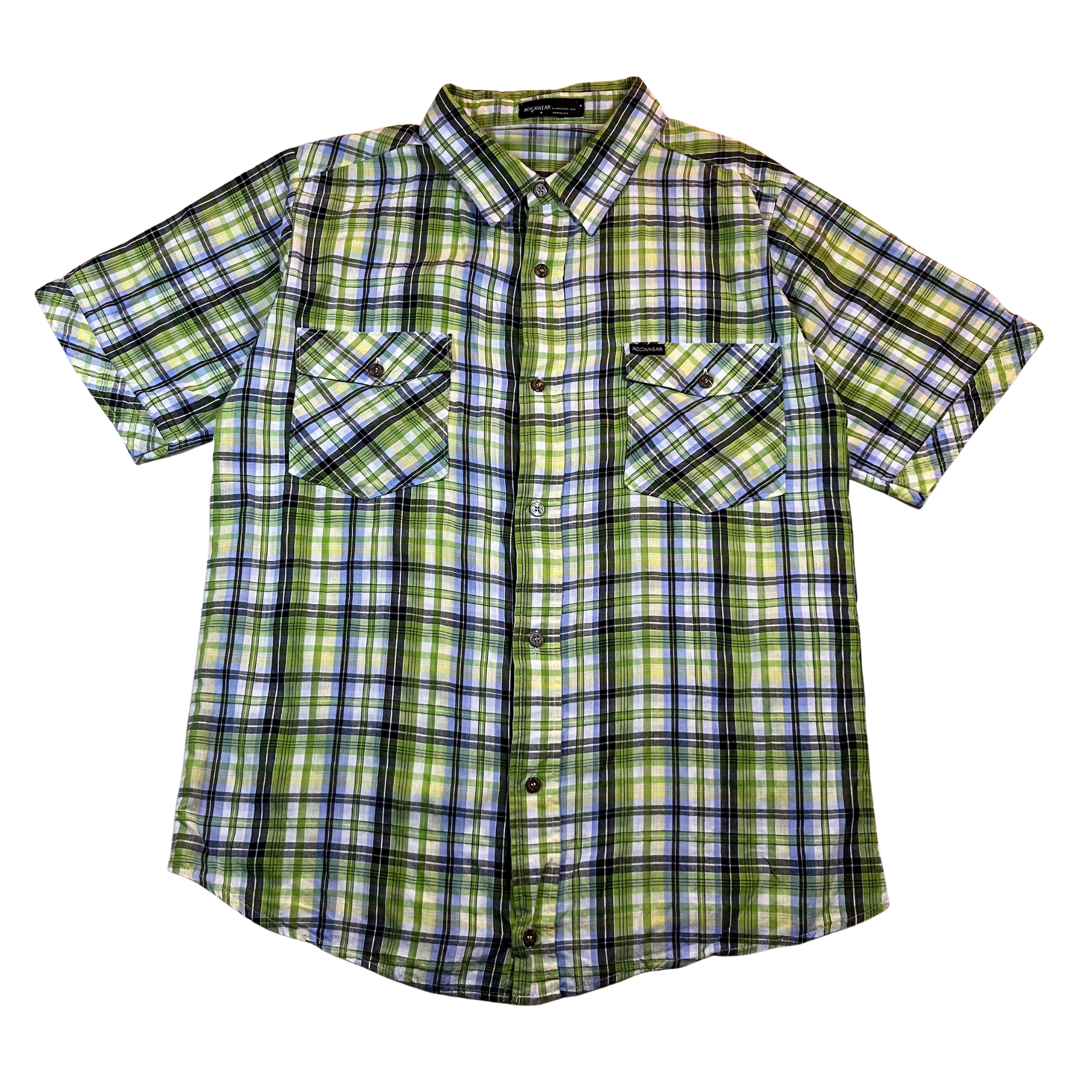Rocawear Vintage Lime Green Plaid Western Short Sleeve Shirt (M)