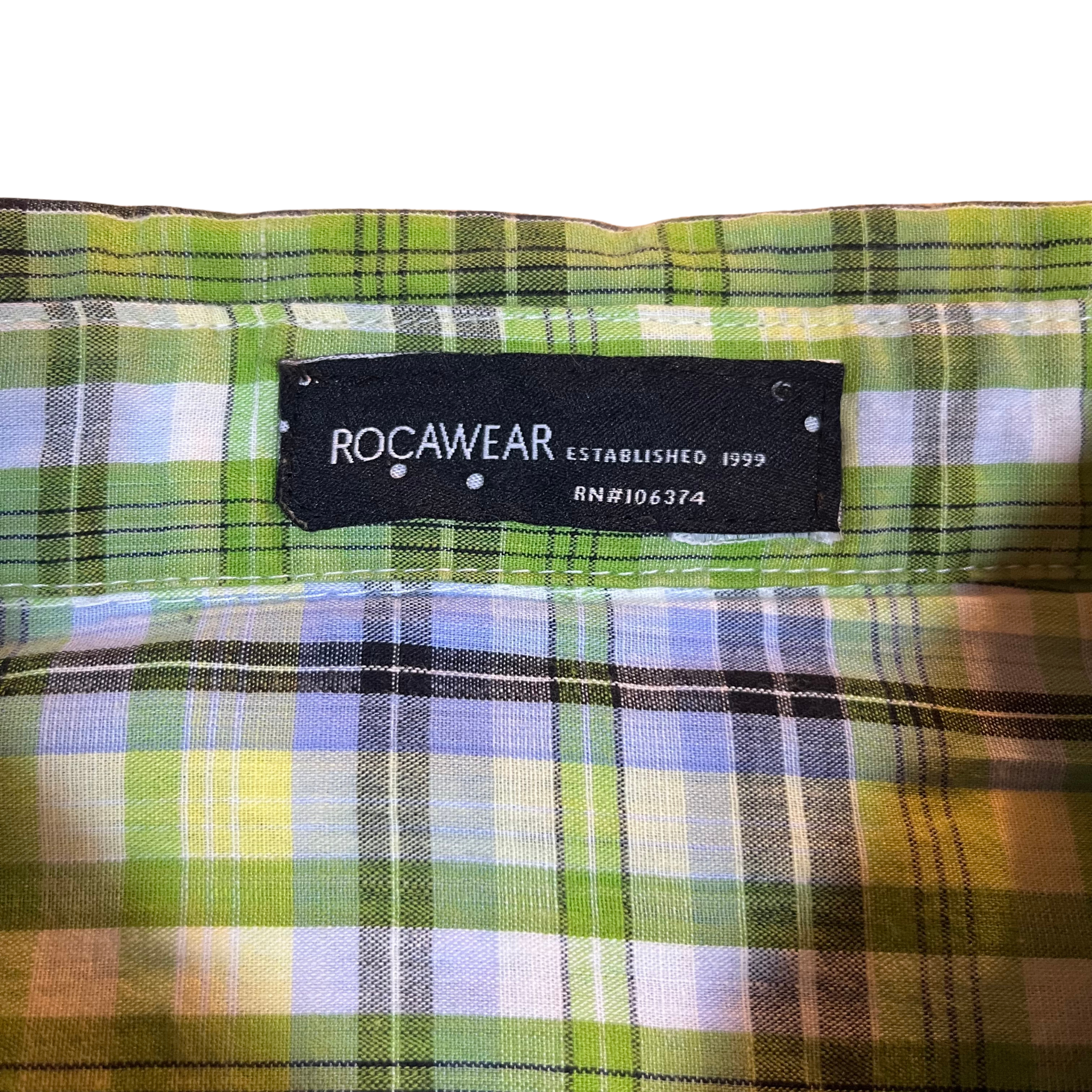 Rocawear Vintage Lime Green Plaid Western Short Sleeve Shirt (M)