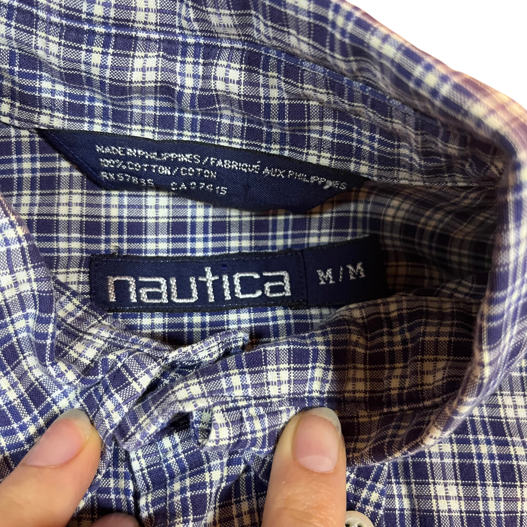 Nautica Vintage Navy White Check Short Sleeve Button-Up Shirt (M/L)