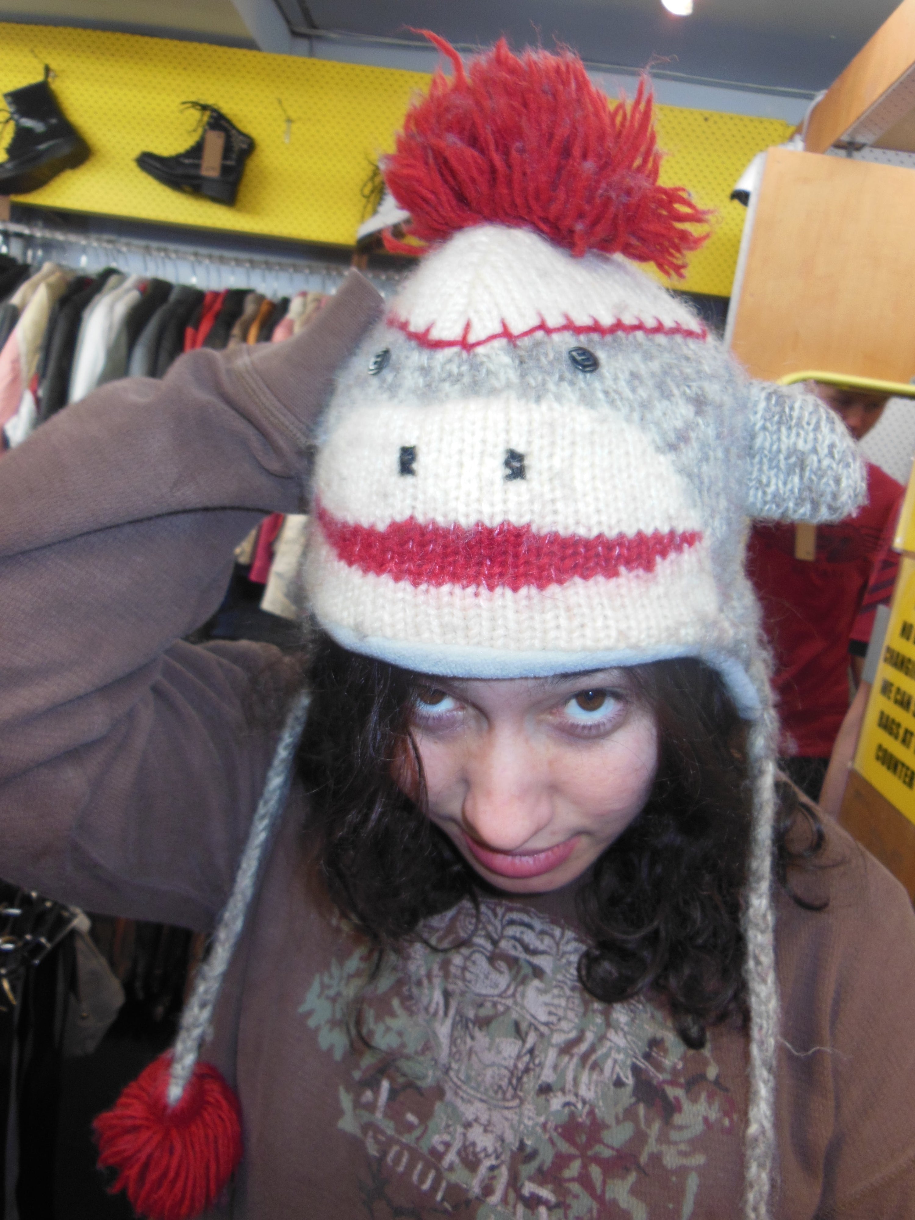 Vintage Sock Monkey Knit Earflap Beanie Hat
