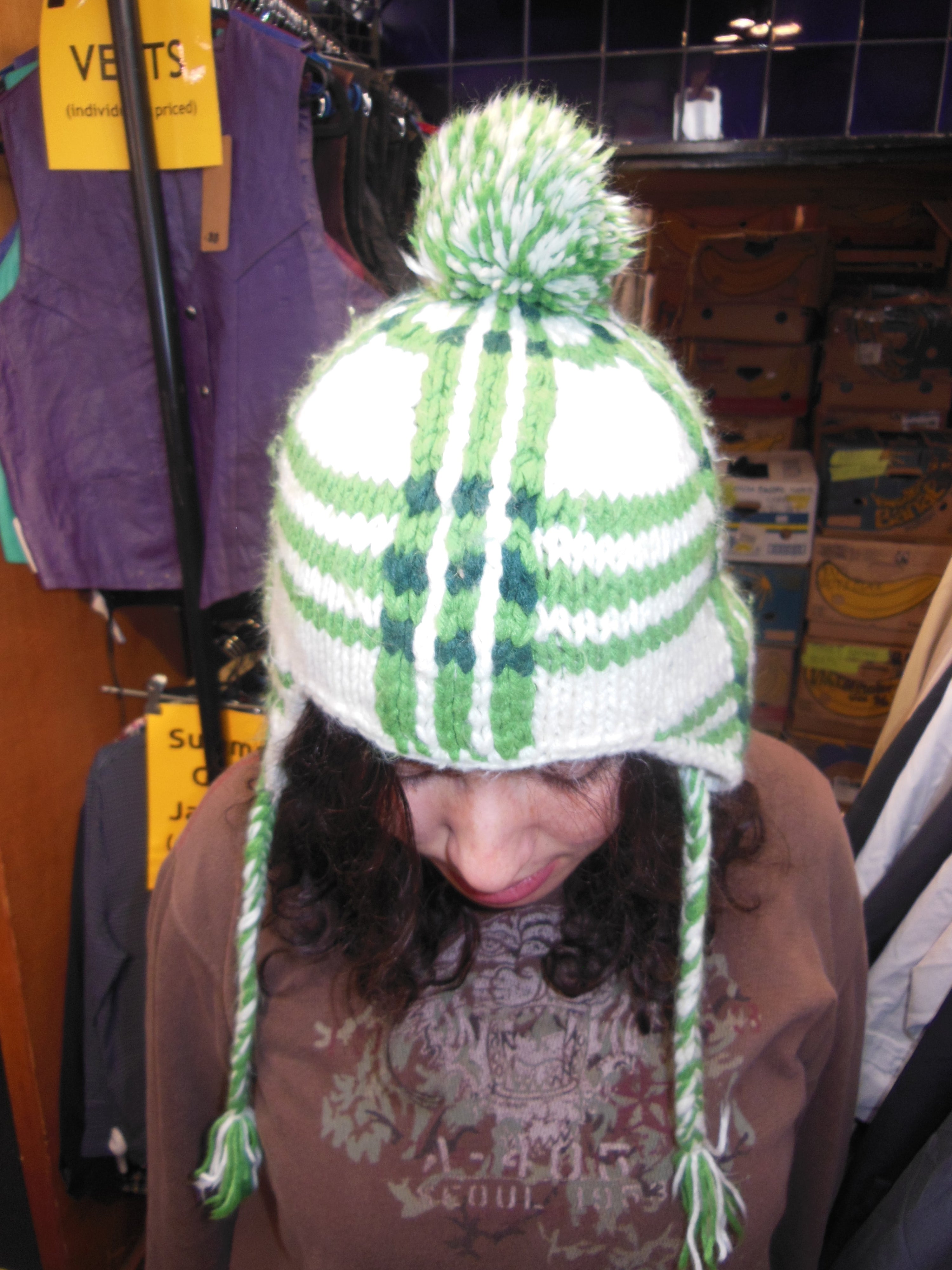 Vintage Green and White Plaid Knit Earflap Beanie Hat