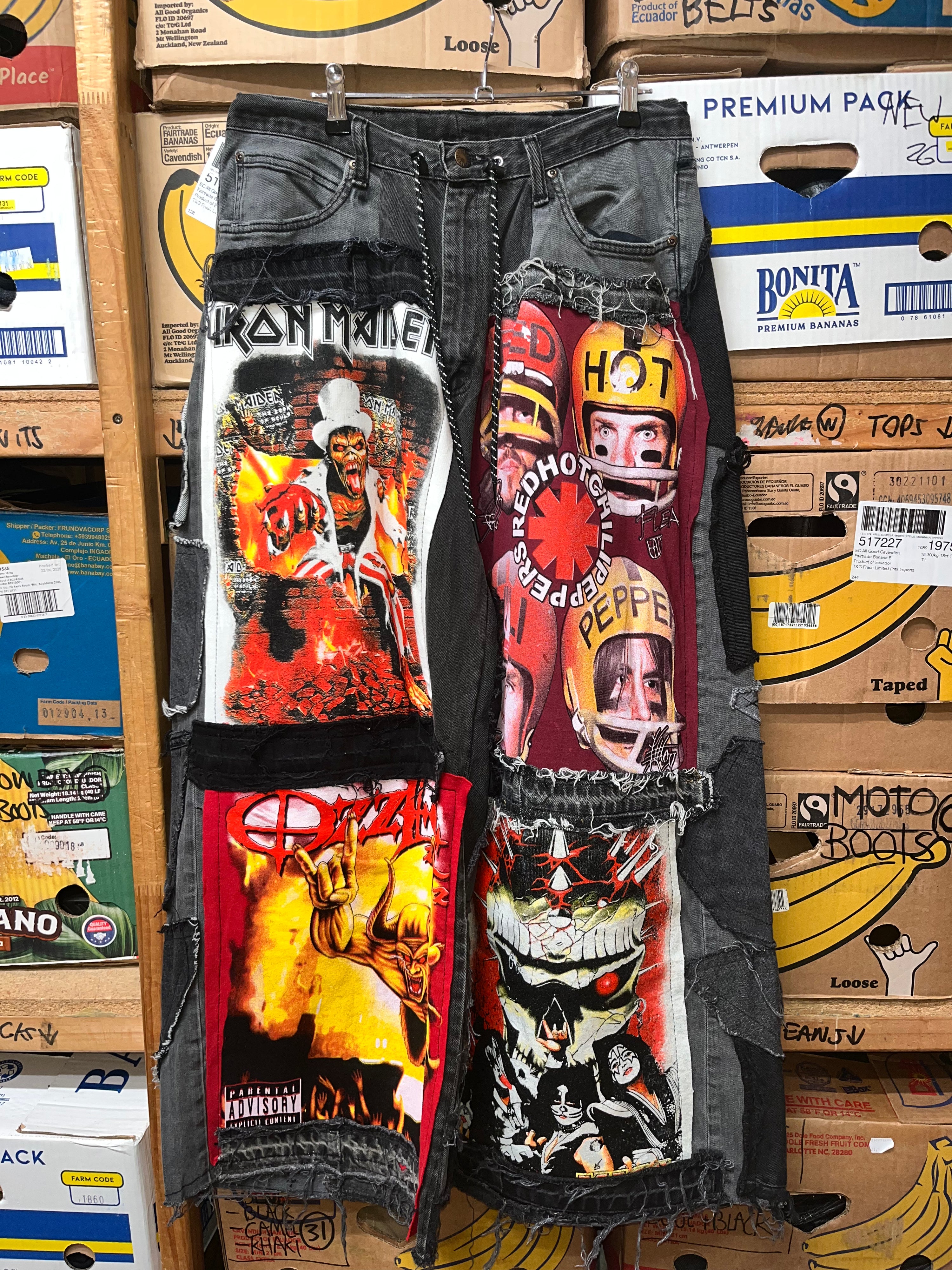 Reworked Rock Band Patchwork Wide Leg Jeans - Size 32