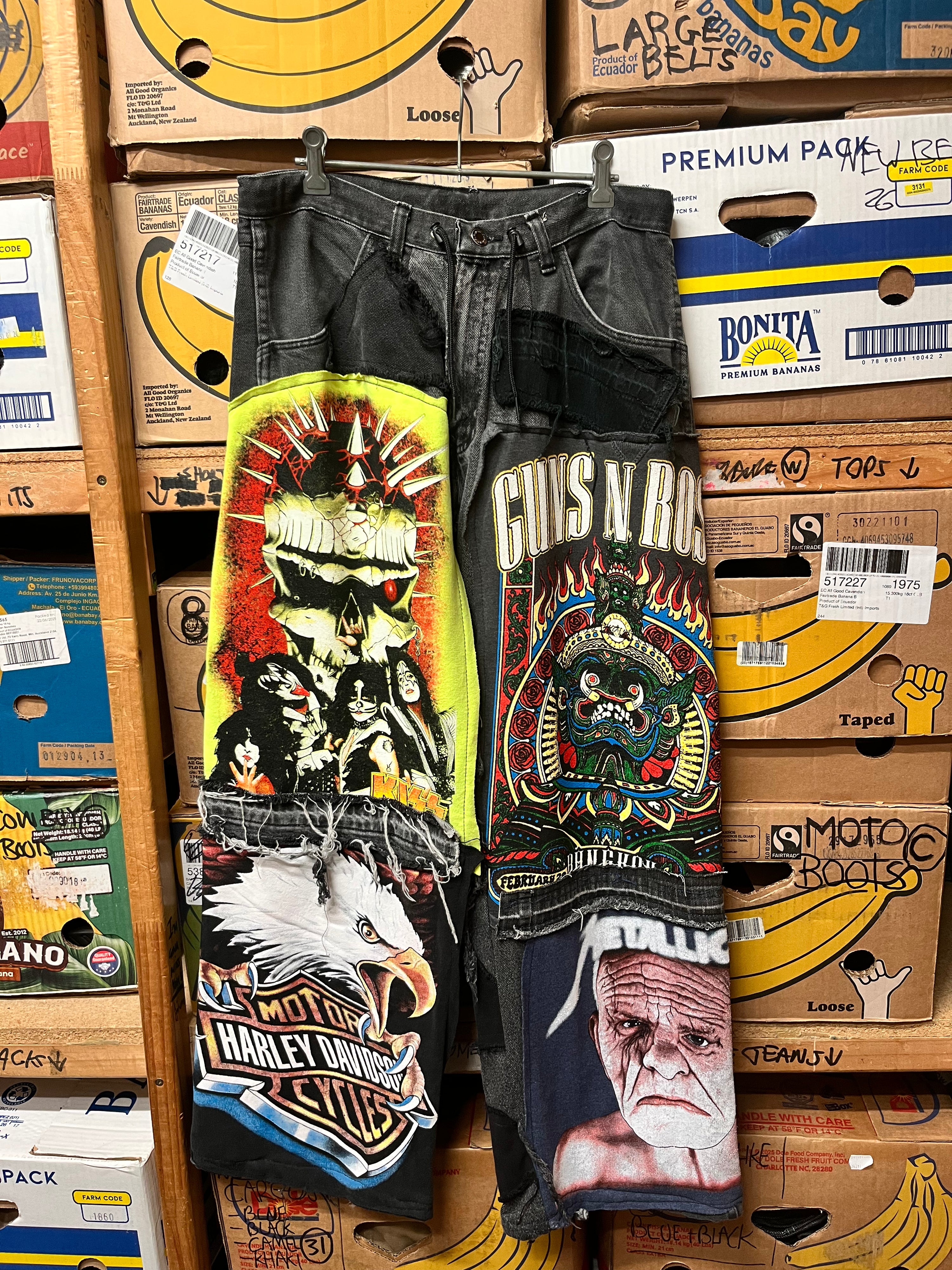 Reworked Rock Band Patchwork Wide Leg Jeans - Size 33
