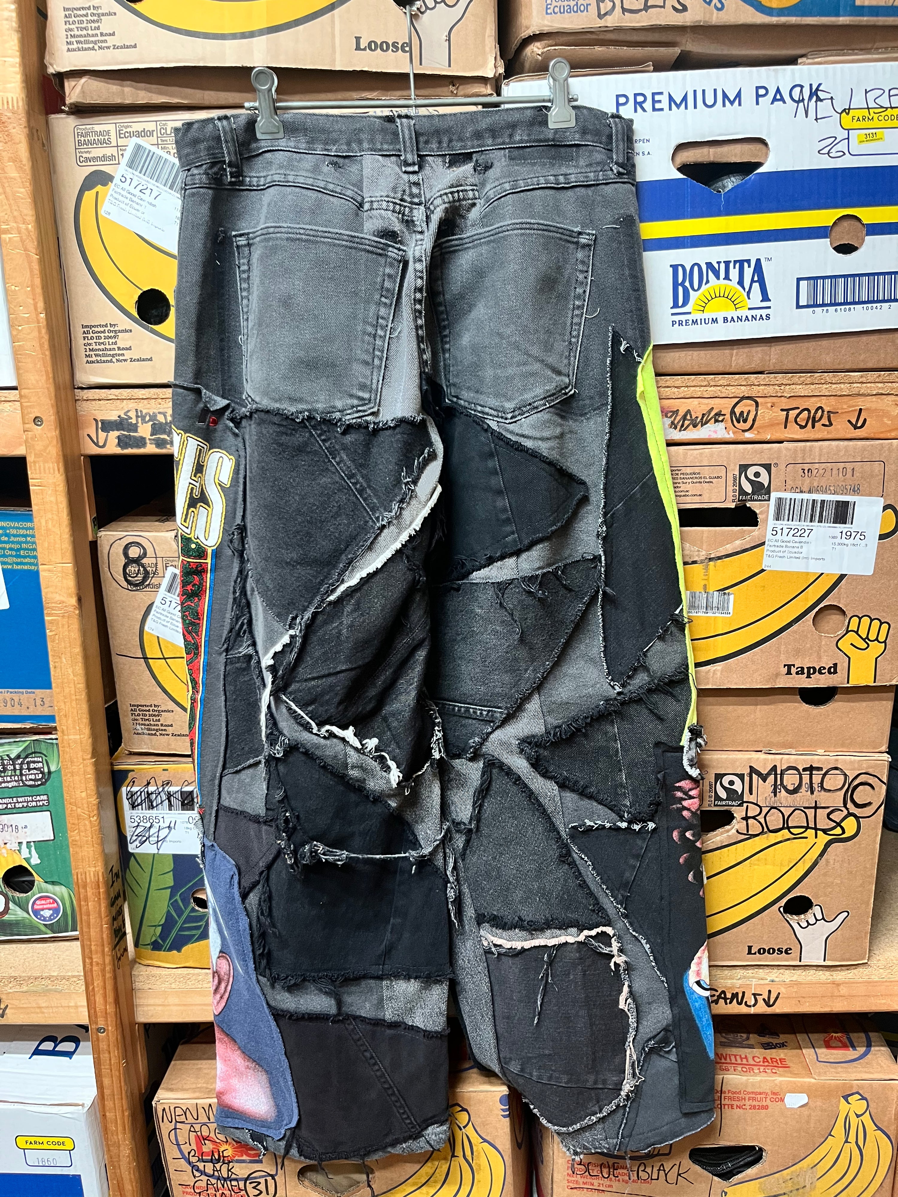 Reworked Rock Band Patchwork Wide Leg Jeans - Size 33