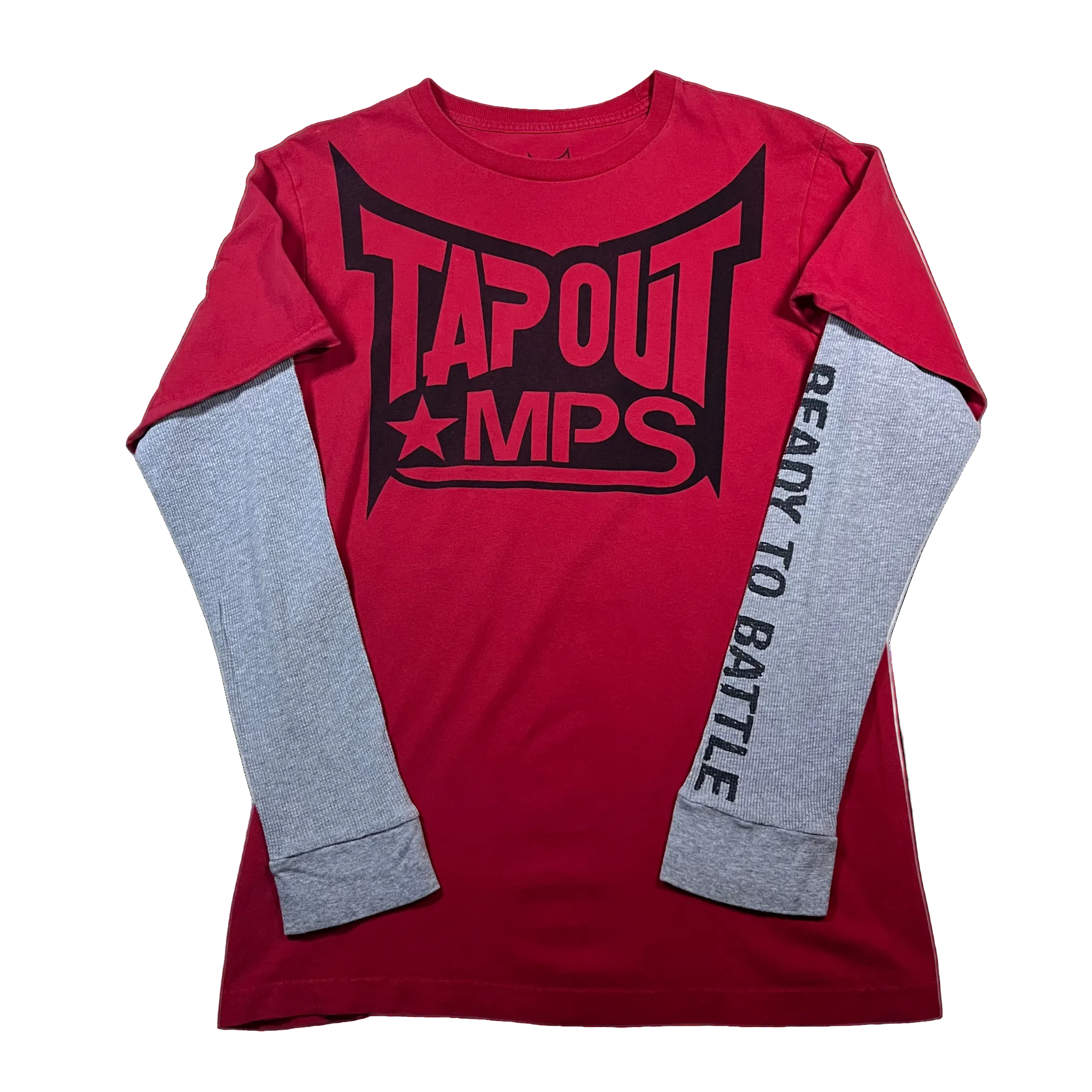 Flat-lay product photo of a vintage red Tapout long sleeve shirt with a faux double-layer design featuring grey thermal sleeves. Features a large black and red distressed Tapout MPS logo graphic across the chest and 'READY TO BATTLE' printed down the arm for a classic Y2K nu-metal gym aesthetic.