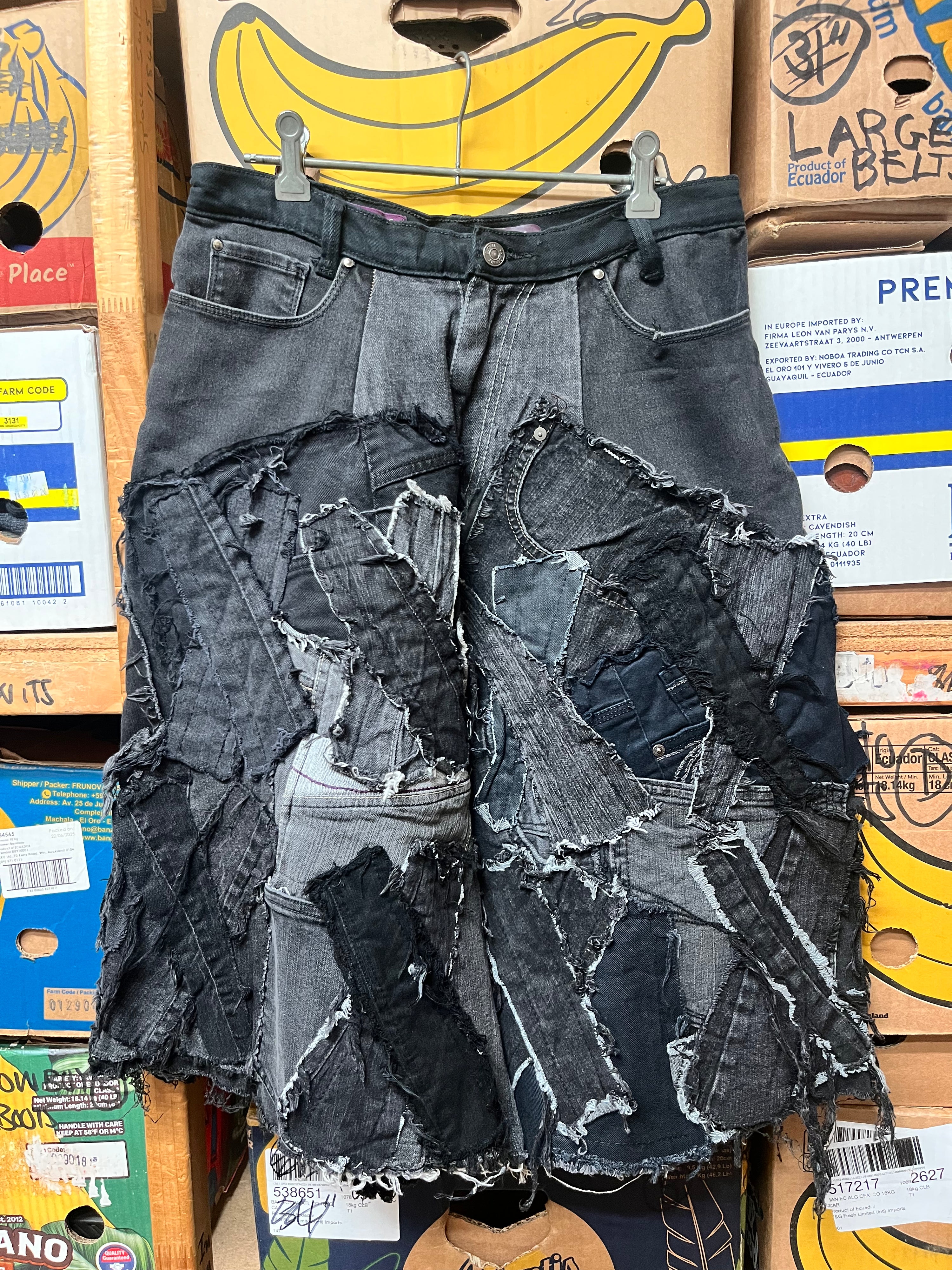 Reworked Patchwork Wide Leg Denim Shorts - Size 32