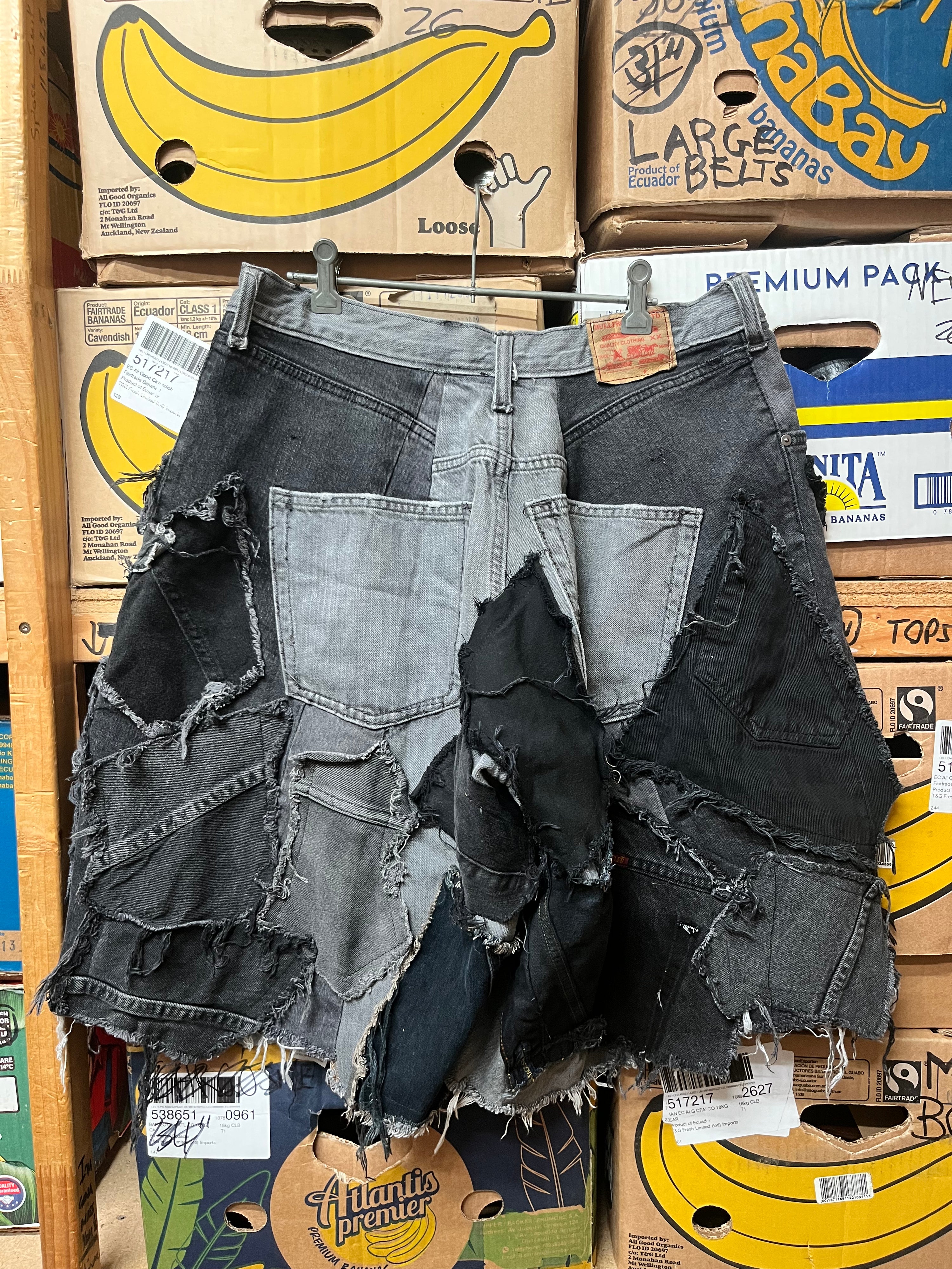 Reworked Patchwork Wide Leg Denim Shorts - Size 36