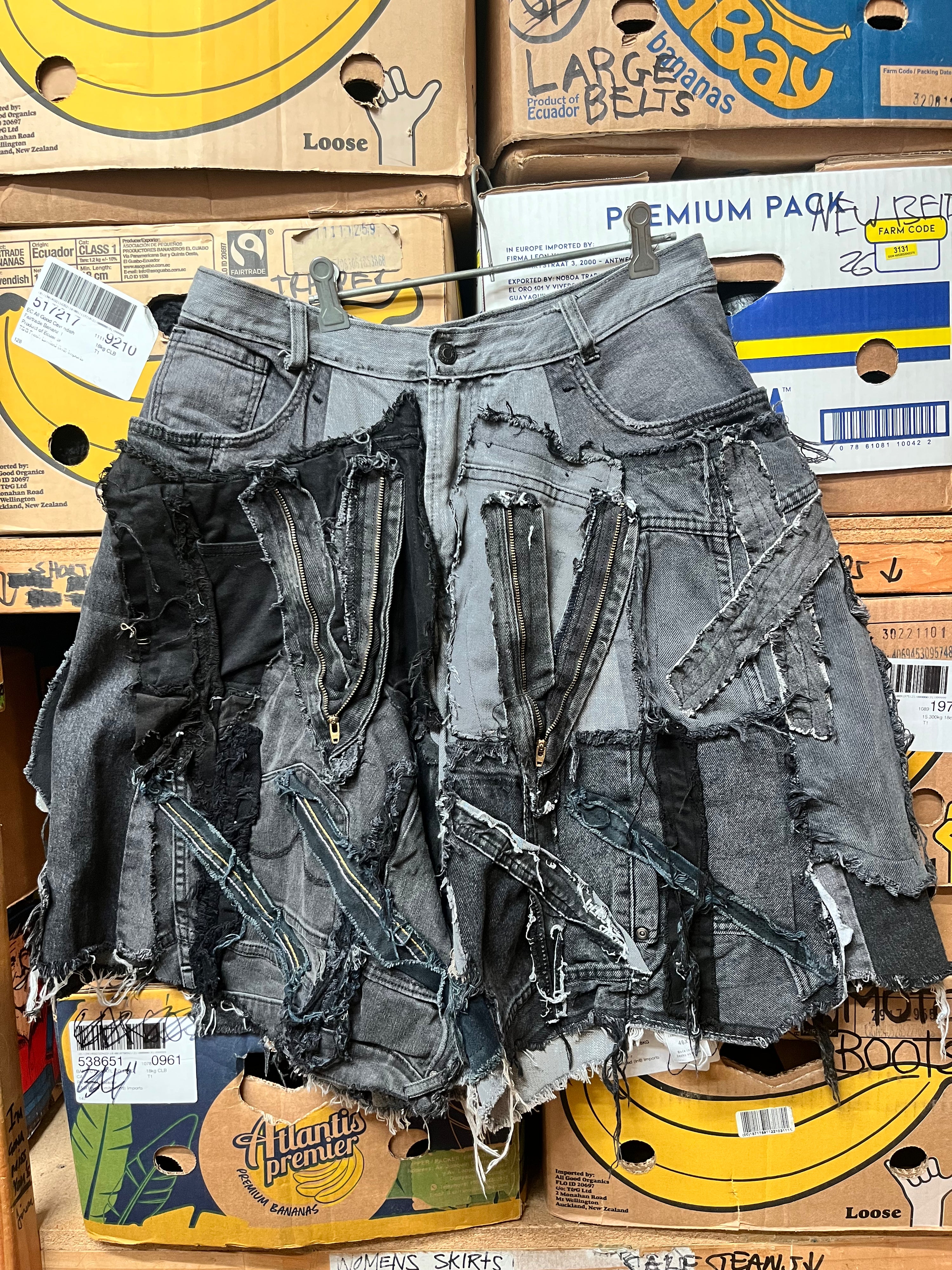 Reworked Patchwork Wide Leg Denim Shorts - Size 36