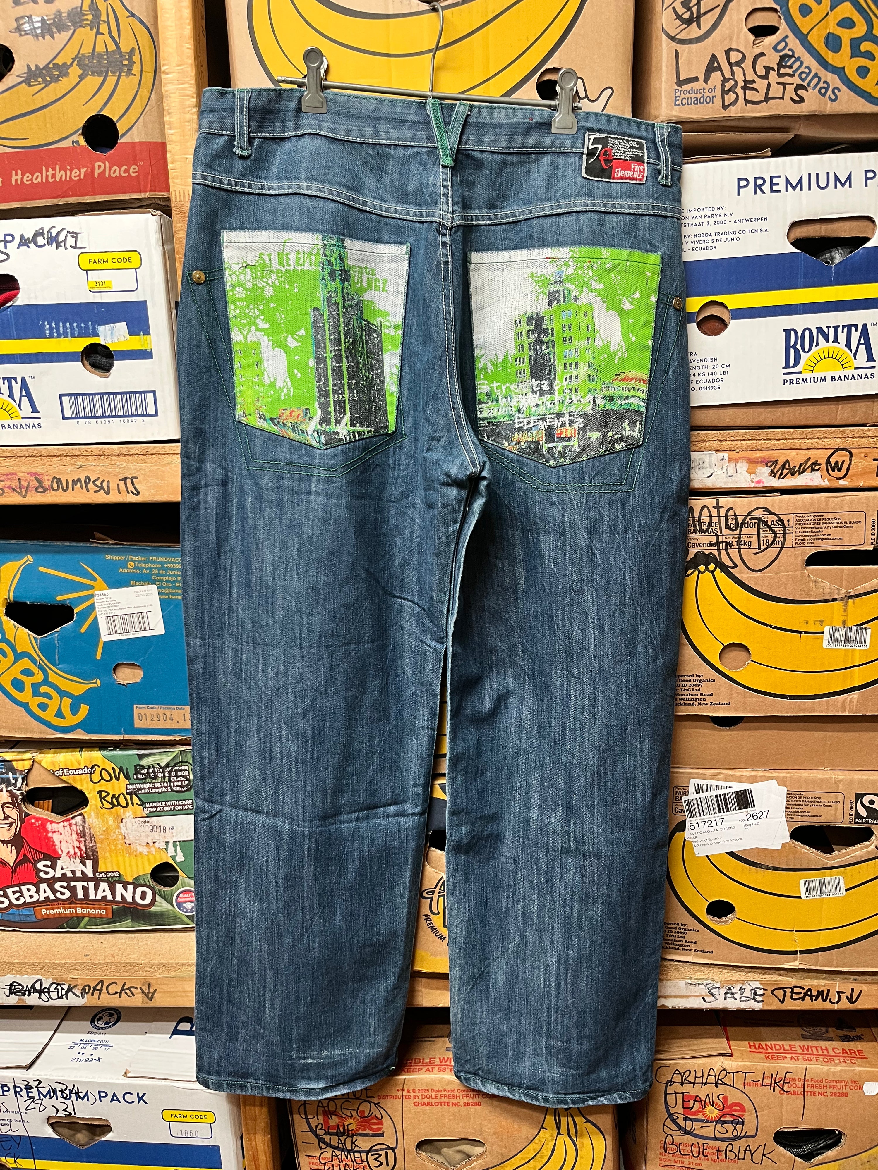 Vintage Five Elementz Graphic Print Wide Leg Jeans - Size 38