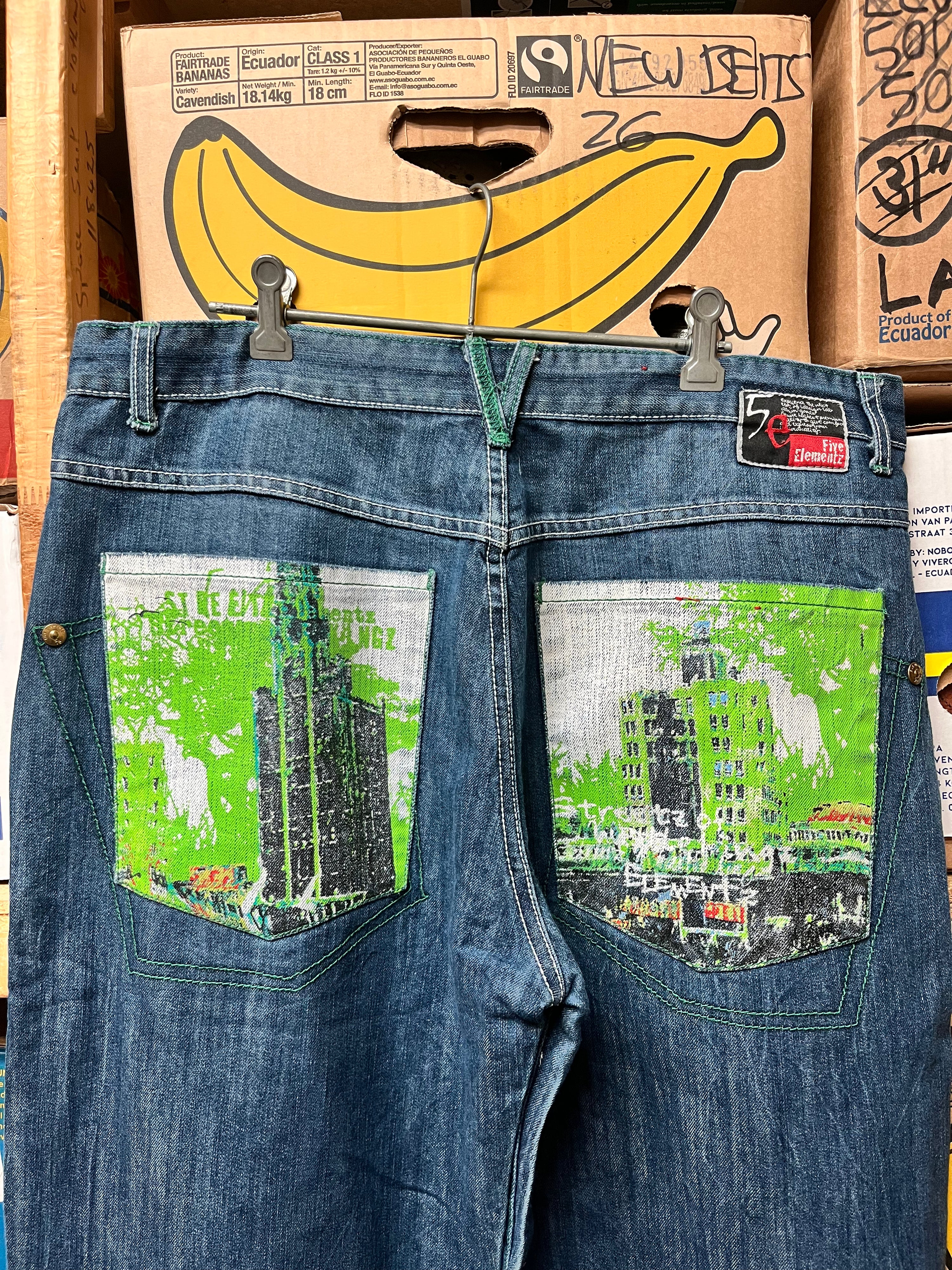 Vintage Five Elementz Graphic Print Wide Leg Jeans - Size 38