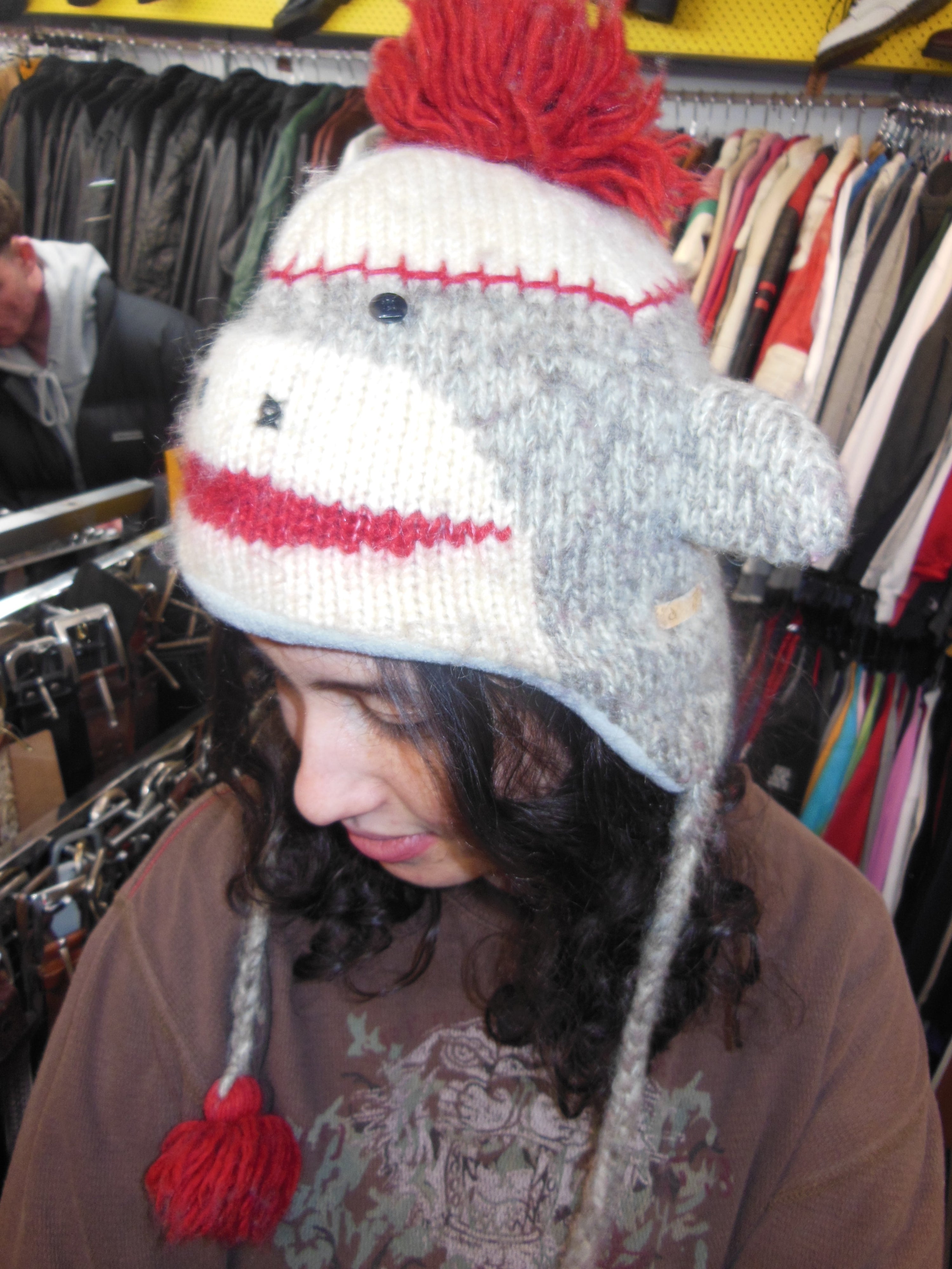 Vintage Sock Monkey Knit Earflap Beanie Hat